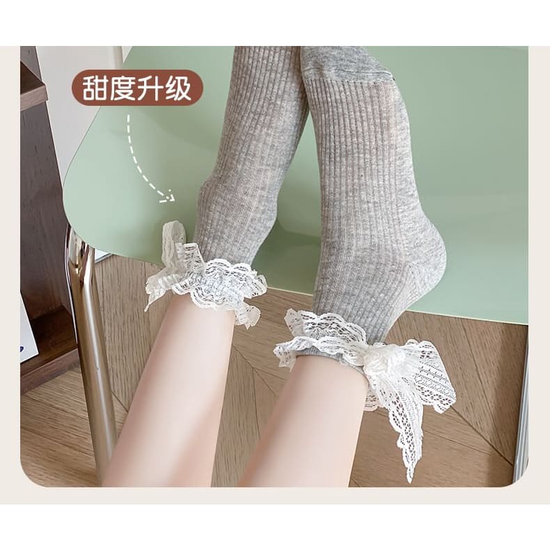 Plain Lace Ruffle Bow Socks / Set