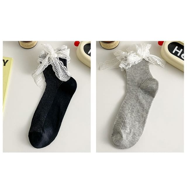 Plain Lace Ruffle Bow Socks / Set - Set Of 2 Pairs - Black