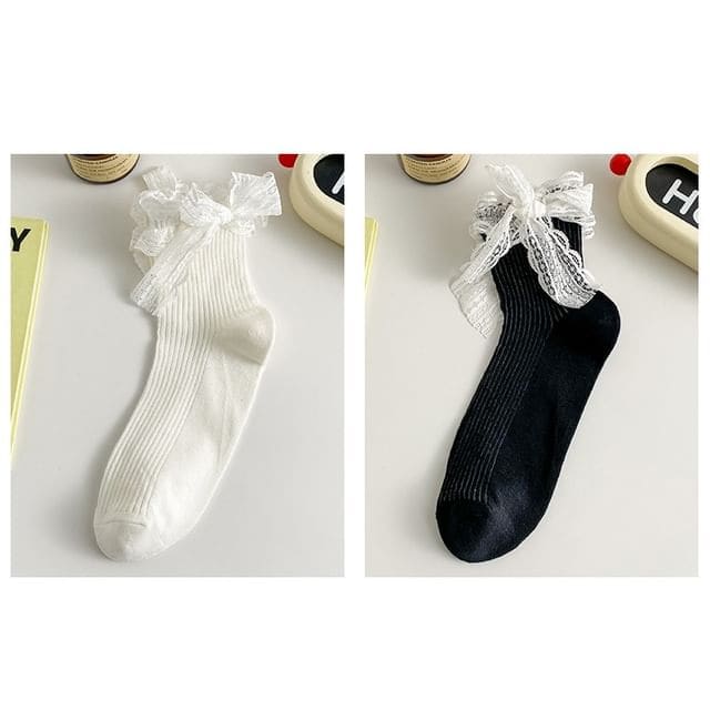 Plain Lace Ruffle Bow Socks / Set - Set Of 2 Pairs - White