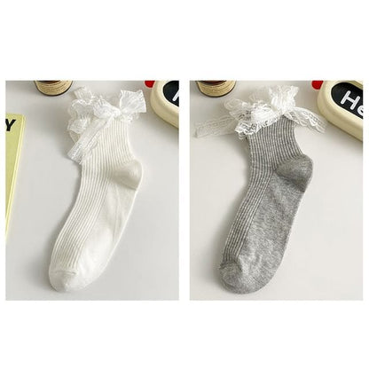 Plain Lace Ruffle Bow Socks / Set - Set Of 2 Pairs - White