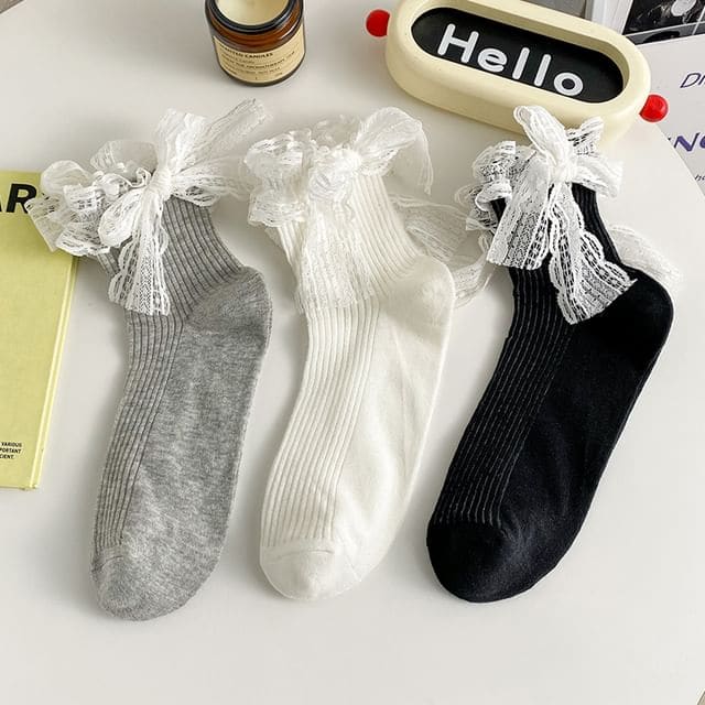 Plain Lace Ruffle Bow Socks / Set - Set Of 3 Pairs - Black