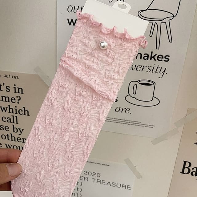 Plain Lace Short Socks - 1 Pair - Pink / One Size