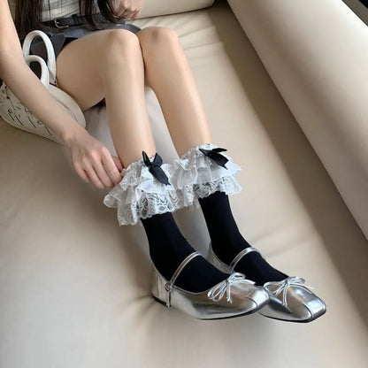 Plain Lace Trim Bow Socks - Short - Black / One Size