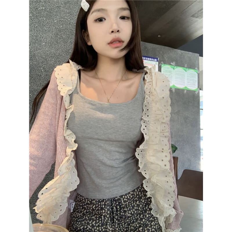 Plain Lace Trim Cardigan / High Waist Floral Flared Pants