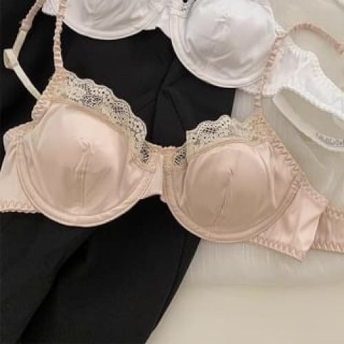 Plain Lace Trim Satin Bra / Panty / Set - Bra - Nude / S