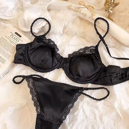 Plain Lace Trim Satin Bra / Panty / Set - Set of 2 - Bra &