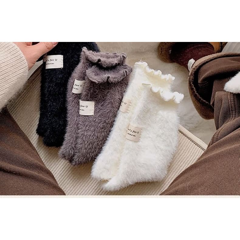 Plain Lettuce Edge Applique Fleece Socks / Set