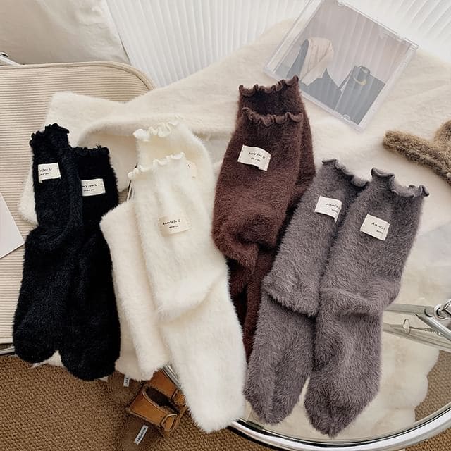 Plain Lettuce Edge Applique Fleece Socks / Set