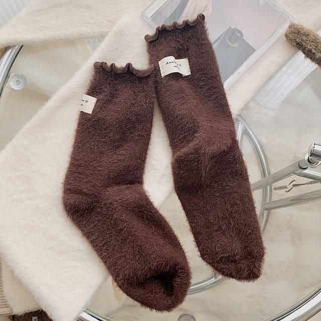 Plain Lettuce Edge Applique Fleece Socks / Set - Set of 2