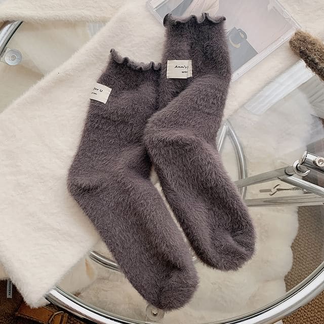 Plain Lettuce Edge Applique Fleece Socks / Set - Set of 2