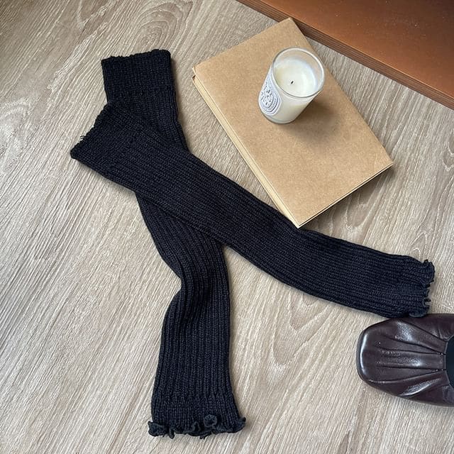 Plain Lettuce Edge Knit Leg Warmers - Black / One Size