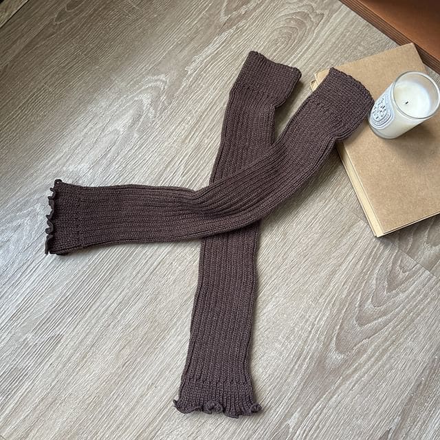 Plain Lettuce Edge Knit Leg Warmers - Brown / One Size