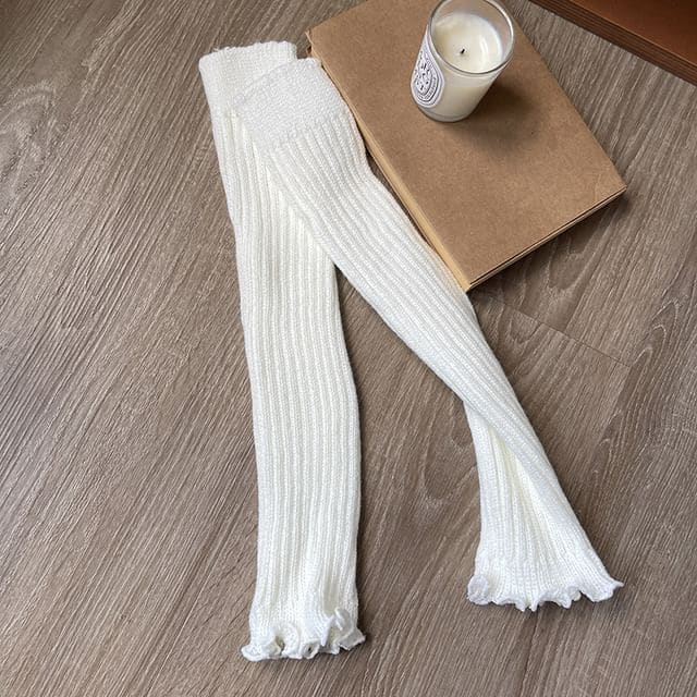 Plain Lettuce Edge Knit Leg Warmers - White / One Size