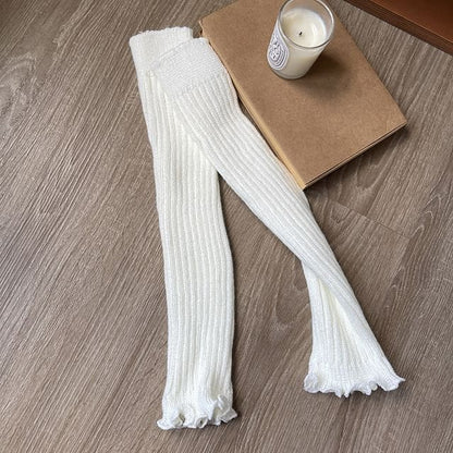 Plain Lettuce Edge Knit Leg Warmers - White / One Size