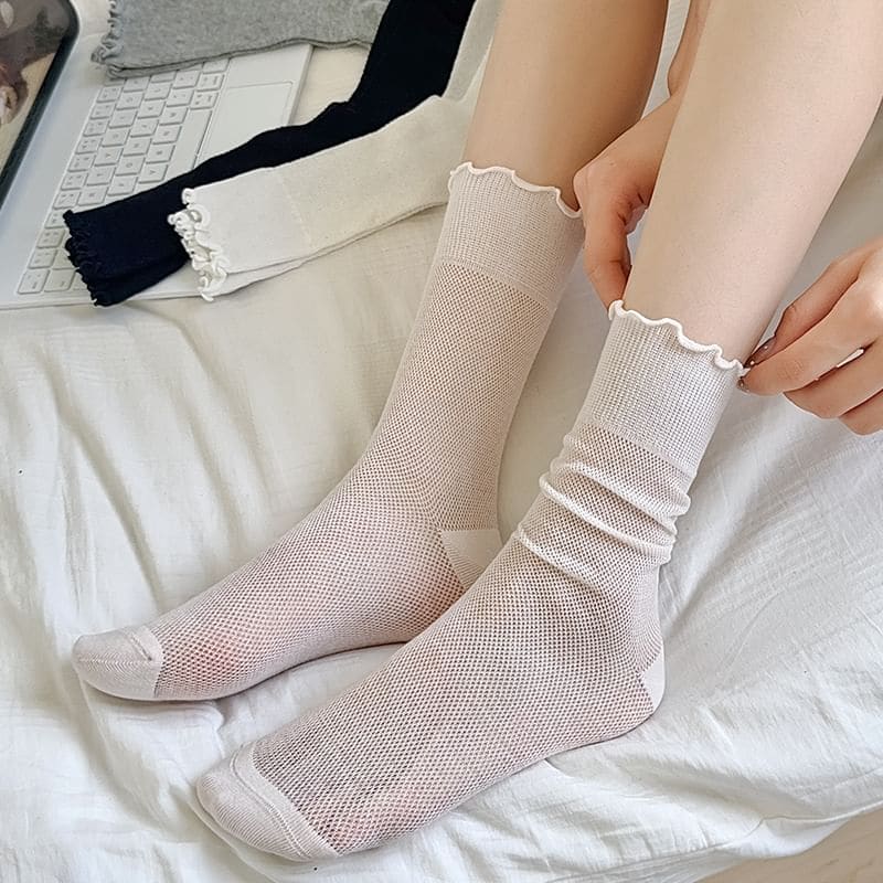 Plain Lettuce Edge Mesh Socks