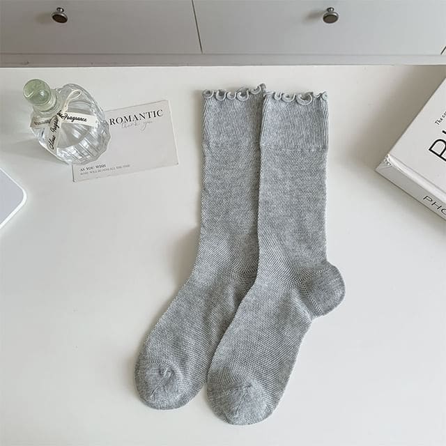 Plain Lettuce Edge Mesh Socks - Gray / One Size