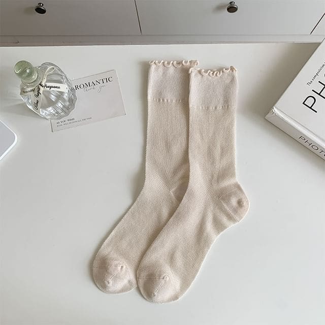 Plain Lettuce Edge Mesh Socks - Khaki / One Size