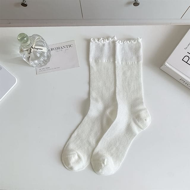 Plain Lettuce Edge Mesh Socks - White / One Size