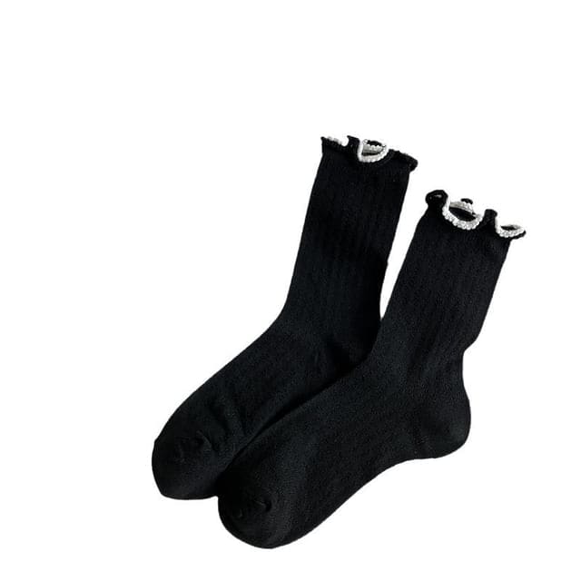 Plain Lettuce Edge Socks - 1 Pair - Black / One Size