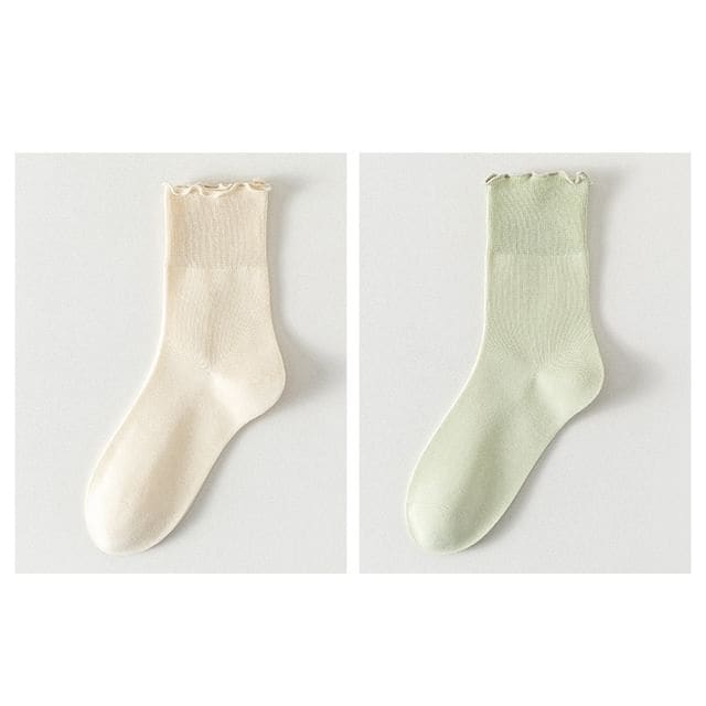 Plain Lettuce Edge Socks Set - Set Of 2 Pairs - Beige &