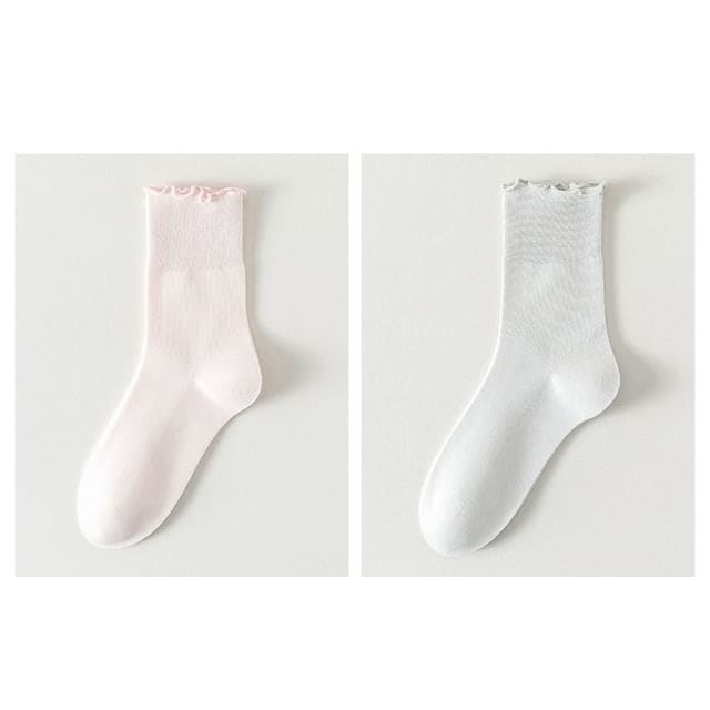 Plain Lettuce Edge Socks Set - Set Of 2 Pairs - Light Pink