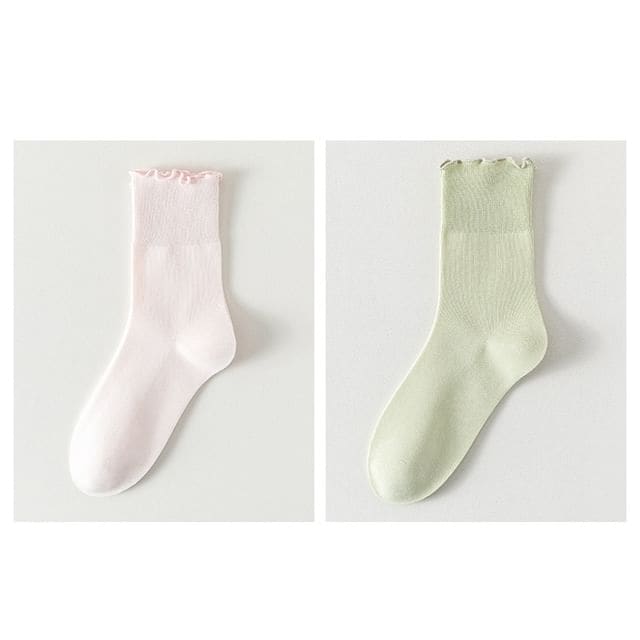 Plain Lettuce Edge Socks Set - Set Of 2 Pairs - Light Pink