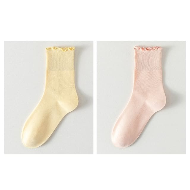 Plain Lettuce Edge Socks Set - Set Of 2 Pairs - Light