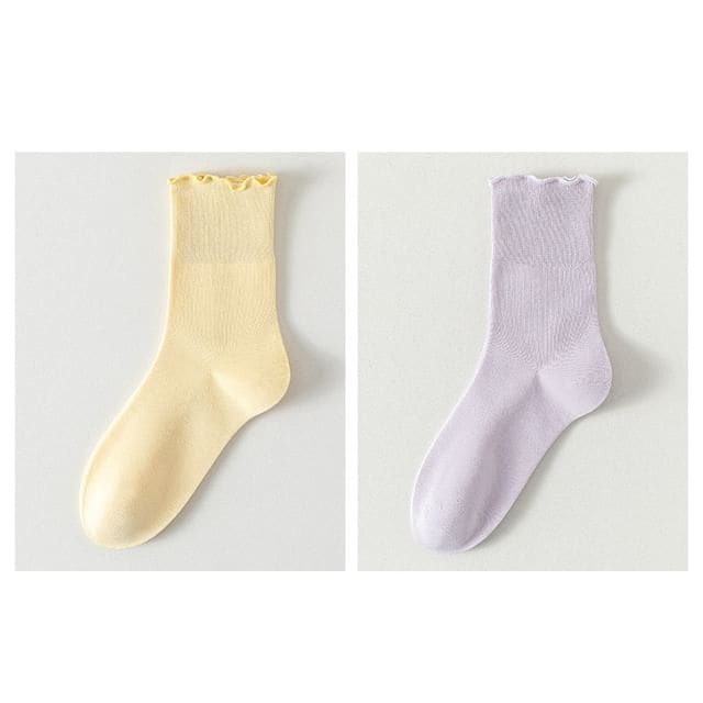 Plain Lettuce Edge Socks Set - Set Of 2 Pairs - Light