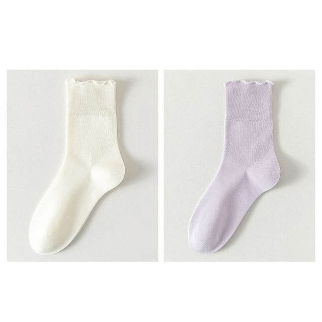 Plain Lettuce Edge Socks Set - Set Of 2 Pairs - Milky White