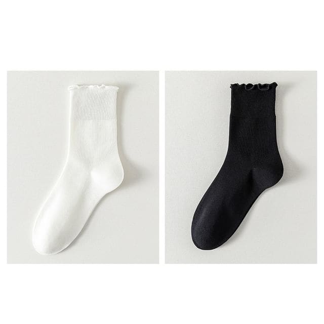 Plain Lettuce Edge Socks Set - Set Of 2 Pairs - White &