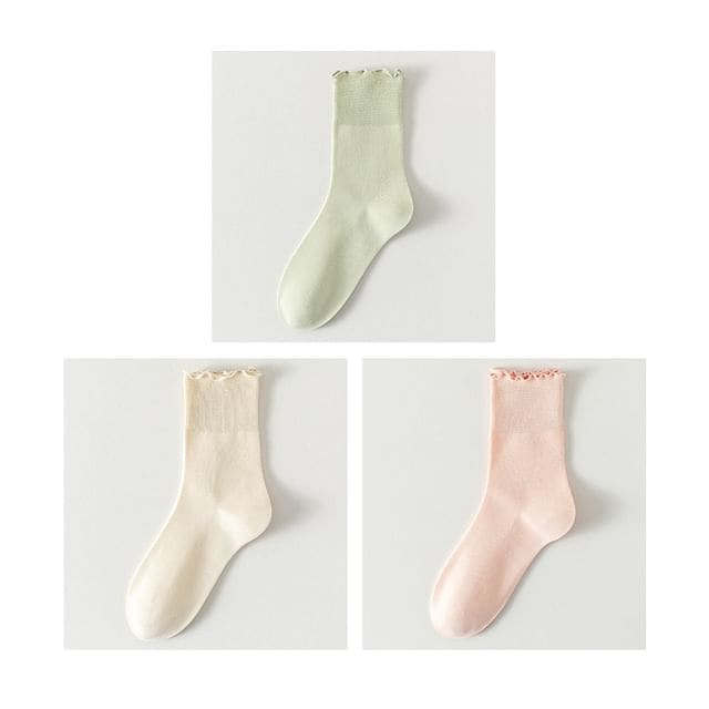 Plain Lettuce Edge Socks Set - Set Of 3 Pairs- Green &