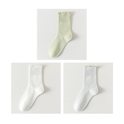 Plain Lettuce Edge Socks Set - Set Of 3 Pairs- Green &