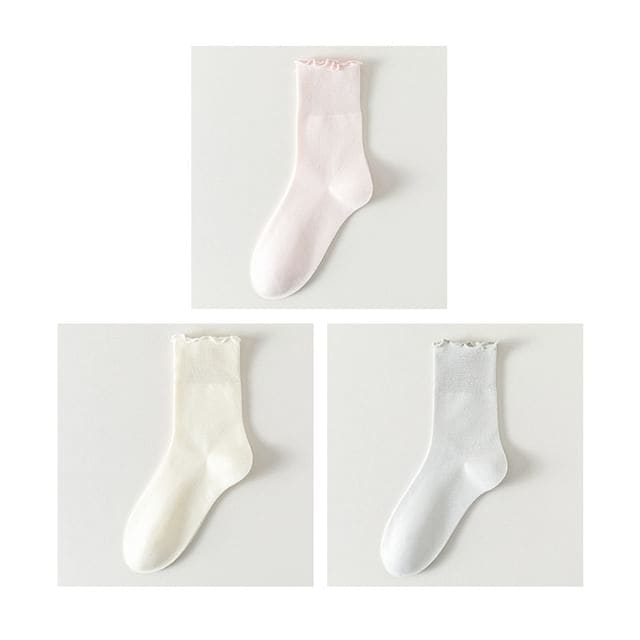 Plain Lettuce Edge Socks Set - Set Of 3 Pairs- Light Pink &