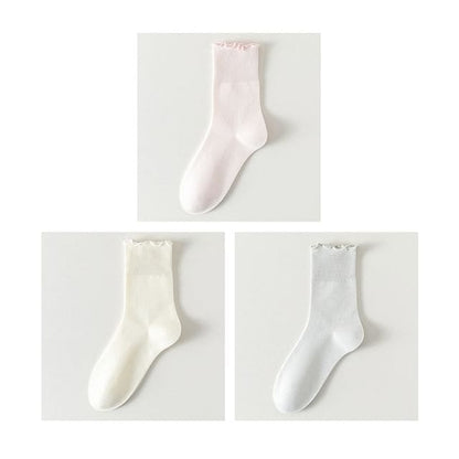 Plain Lettuce Edge Socks Set - Set Of 3 Pairs- Light Pink &