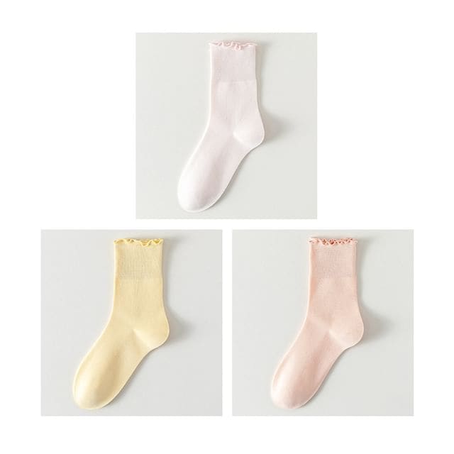 Plain Lettuce Edge Socks Set - Set Of 3 Pairs- Light Pink &