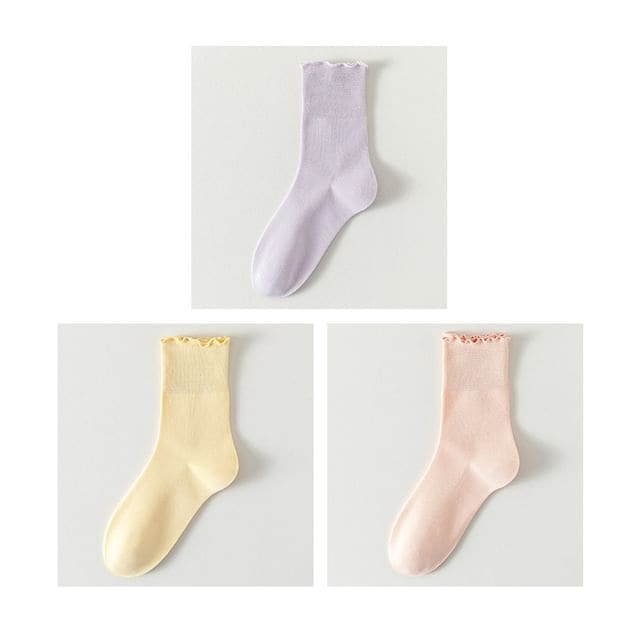 Plain Lettuce Edge Socks Set - Set Of 3 Pairs- Purple &