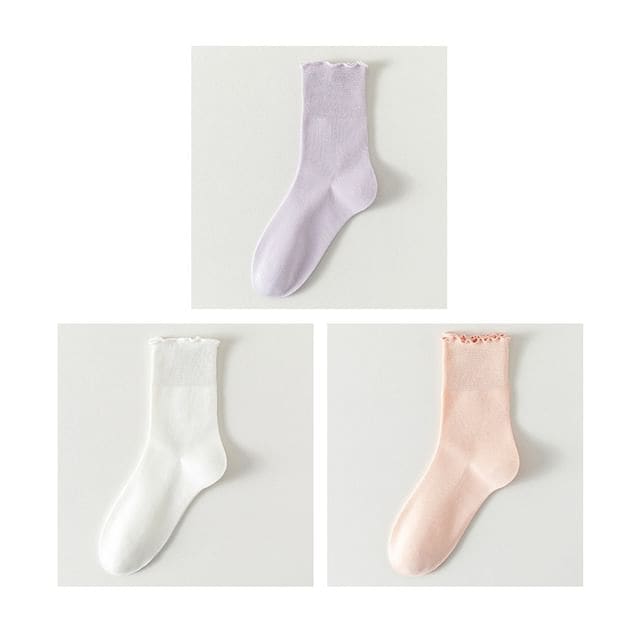 Plain Lettuce Edge Socks Set - Set Of 3 Pairs- Purple &