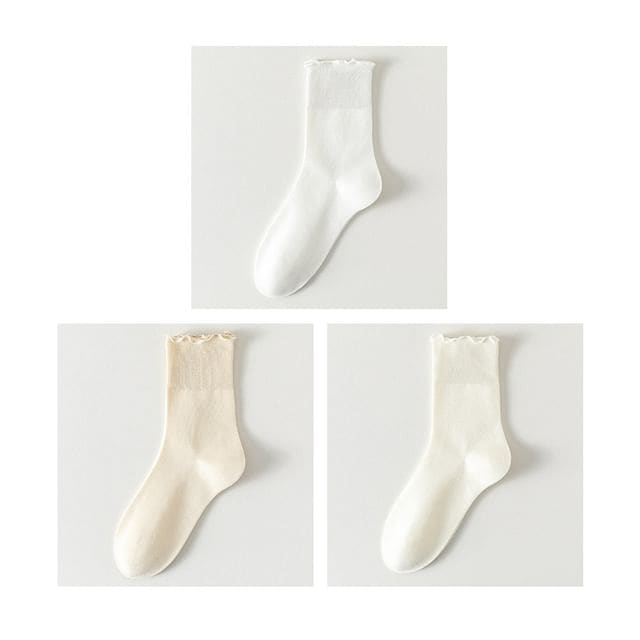 Plain Lettuce Edge Socks Set - Set Of 3 Pairs- White &