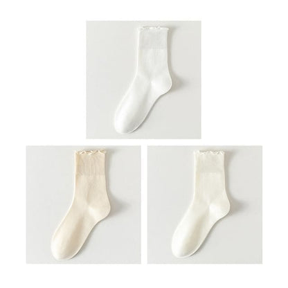 Plain Lettuce Edge Socks Set - Set Of 3 Pairs- White &