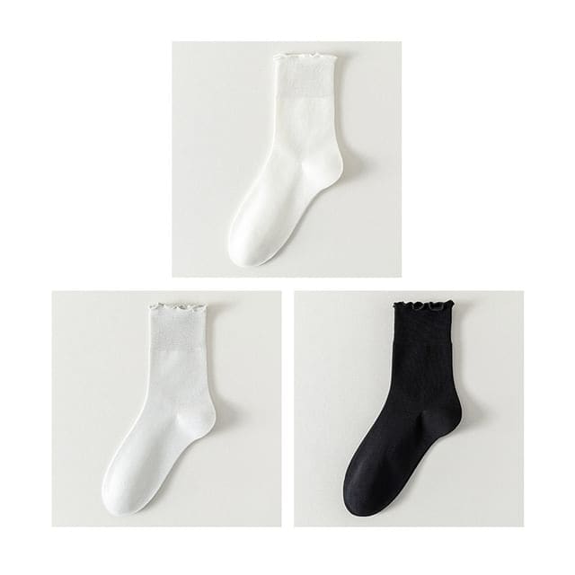 Plain Lettuce Edge Socks Set - Set Of 3 Pairs- White &