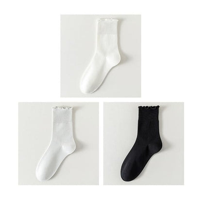 Plain Lettuce Edge Socks Set - Set Of 3 Pairs- White &