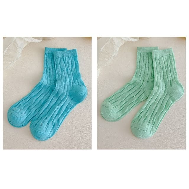 Plain Mesh Panel Socks Set - 2 Pairs - Aqua Blue & Light