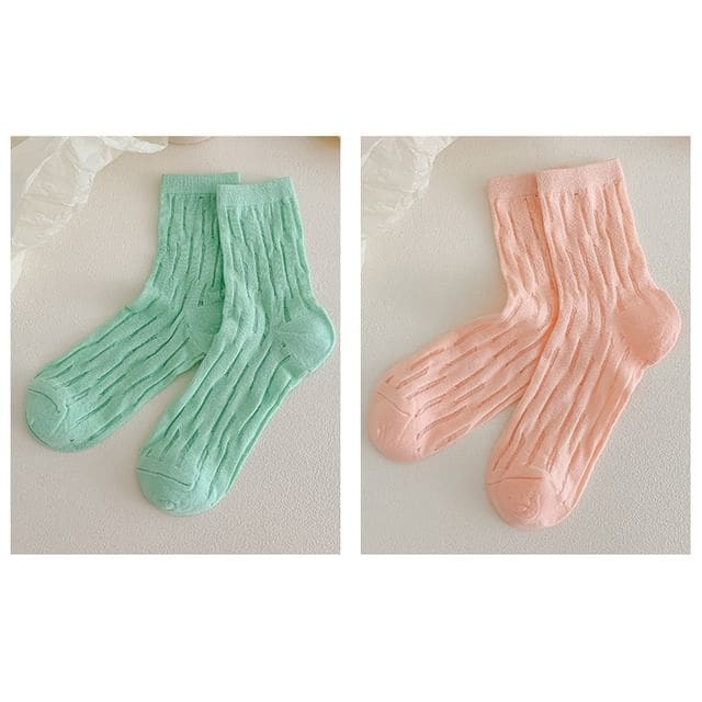 Plain Mesh Panel Socks Set - 2 Pairs - Light Green & Pink