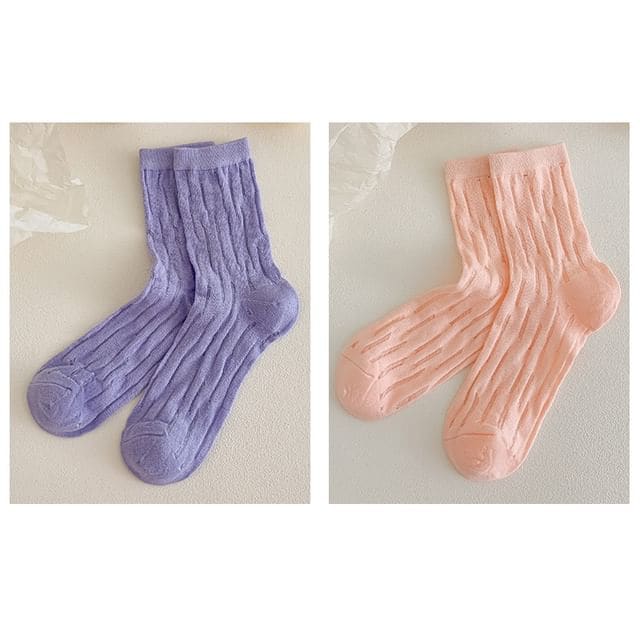 Plain Mesh Panel Socks Set - 2 Pairs - Purple & Pink