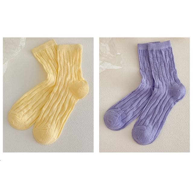 Plain Mesh Panel Socks Set - 2 Pairs - Yellow & Purple