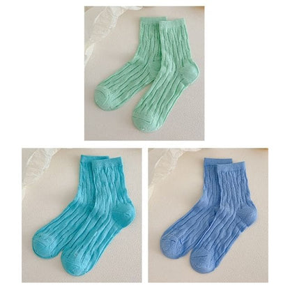 Plain Mesh Panel Socks Set - 3 Pairs - Light Green & Aqua