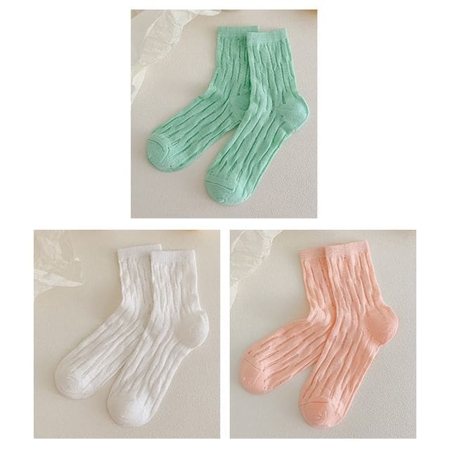 Plain Mesh Panel Socks Set - 3 Pairs - Light Green & White