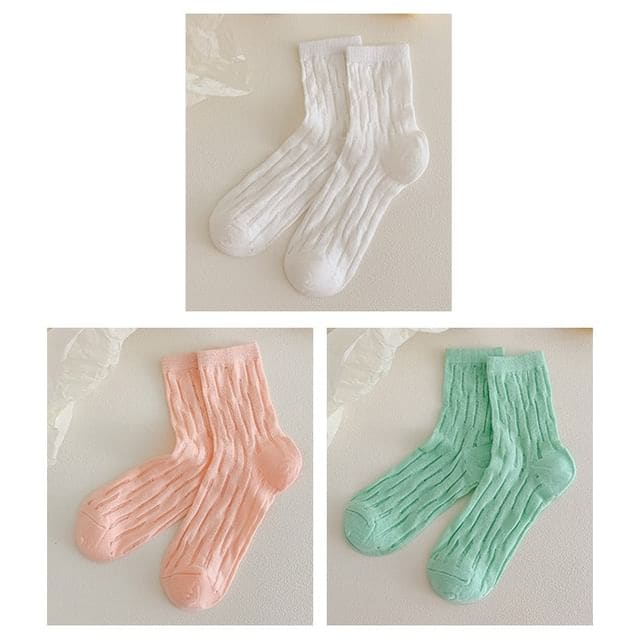 Plain Mesh Panel Socks Set - 3 Pairs - White & Pink & Light