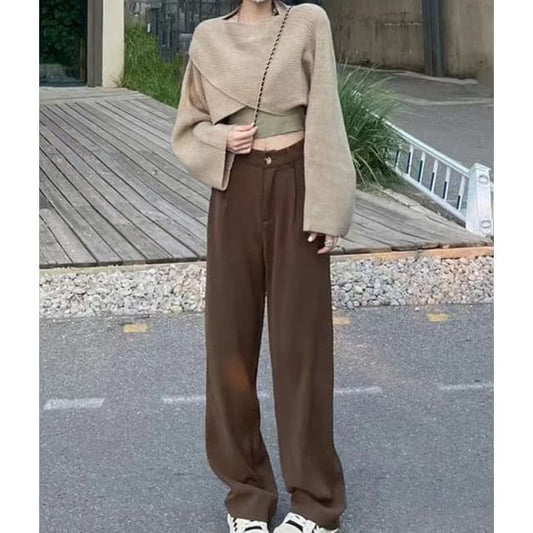 Plain Mid Rise Wide Leg Dress Pants