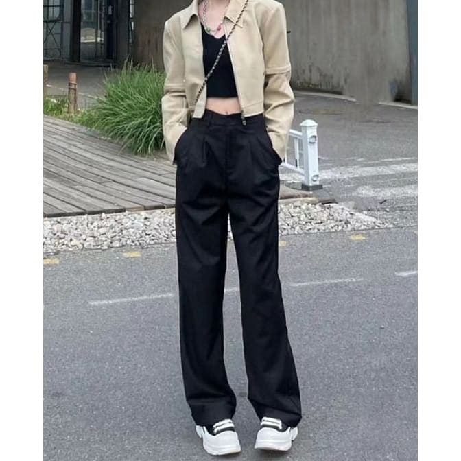 Plain Mid Rise Wide Leg Dress Pants